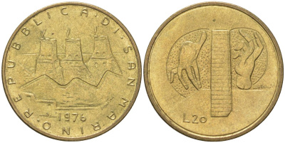 Сан-Марино 20 лир 1976 республика KM 55 алюминиевая бронза UNC 4614-413