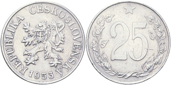 Чехословакия 25 геллеров 1953 KM 39 алюминий 4163-1225