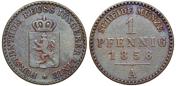 Рейсс-Гера 1 пфенниг 1858 A, Генрих LXVII (1854-1867) KM 69, Jaeger 129, AKS 40 медь    220-936