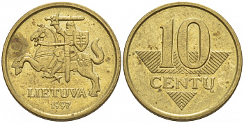 ЛИТВА 10 ЦЕНТОВ 1997 KM 106 латунь 4547-1146