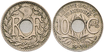 Франция 10 сантимов 1936 тип Lindauer KM 866а, Le Franc 138.23 медно-никель 4584-414