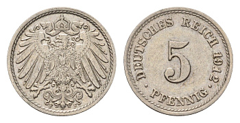 Германия 5 пфеннигов 1912 F, Вильгельм II (1888-1918) KM 11, J. 12 медно-никель 4636-258