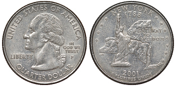 США 25 центов = квотер 2001 Р, серия штаты США, Нью-Йорк KM 318 медь плакированная медно-никелем 4541-514