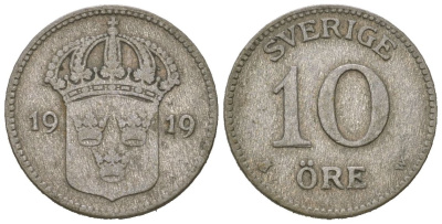Швеция 10 эре 1919 W, Густав V (1907-1950) KM 780 серебро 4611-366