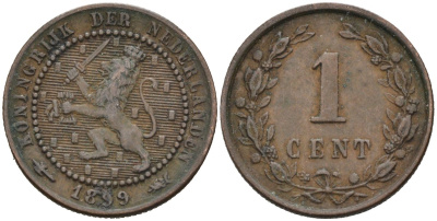 Нидерланды 1 цент 1899 Вильгельмина (1890-1948) KM 107 бронза 4576-636