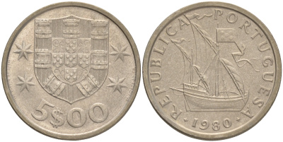 ПОРТУГАЛИЯ 5 ЭСКУДО 1980 ПАРУСНИК KM 591 медно-никель 4561-751