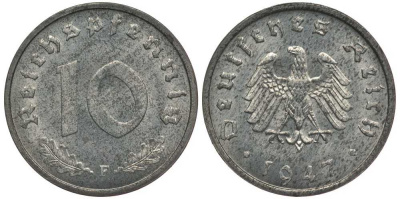 Германия 10 рейхспфеннигов 1947 F, оккупация Германии союзными войсками J. 375, KM A104 цинк UNC 4127-1225