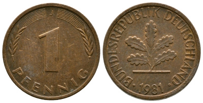 ФРГ 1 ПФЕННИГ 1981 J KM 105, J.380 сталь плакированная медью 179-1028