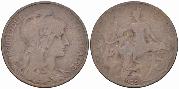 ФРАНЦИЯ 5 САНТИМОВ 1902 ТИП ДАНИЭЛЬ ДЮПЮИ KM 842, LE FRANC 119.12 бронза 108-837