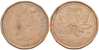 КАНАДА 1 ЦЕНТ 1983 КЛЕНОВЫЙ ЛИСТ, ЕЛИЗАВЕТА II KM 132 бронза 96-718