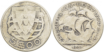ПОРТУГАЛИЯ 5 ЭСКУДО 1937 ПАРУСНИК KM 581 серебро 603-1342