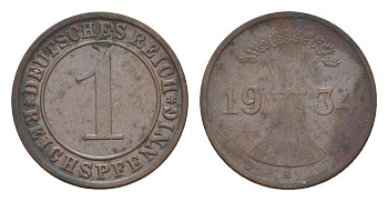 Германия 1 рейхспфенниг 1934 A KM 37, J. 313 бронза 4644-1048