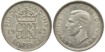 Великобритания 6 пенсов 1942 Георг VI (1936-1952) KM 852, Spink 4084 серебро 4538-516