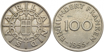 Саарланд 100 франков 1955 индустрия KM 4 медно-никель 4127-315