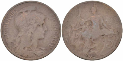 ФРАНЦИЯ 5 САНТИМОВ 1902 ТИП ДАНИЭЛЬ ДЮПЮИ KM 842, LE FRANC 119.12 бронза 108-837