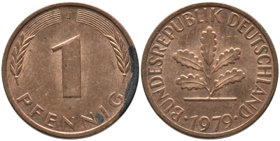 ФРГ 1 пфеннига 1979 J KM 105, J. 380 сталь плакированная медью 99-1258