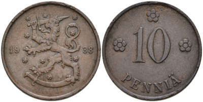 Финляндия 10 пенни 1938 KM 24 медь 4563-622