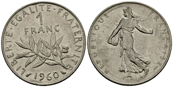Франция 1 франк 1960 сеятель KM 925 никель 4135-755