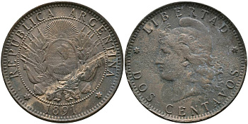 Аргентина 2 сентаво 1891 голова свободы влево KM 8 бронза 4531-1011