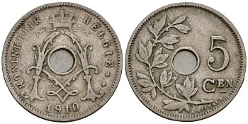 Бельгия 5 сантимов 1910 Belgie KM 67 медно-никель 4602-119