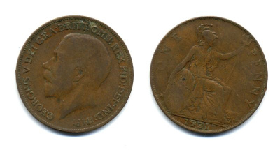 Великобритания 1 пенни 1921 Георг V (1910-1936) KM 810, Spink 4051 бронза 47-522