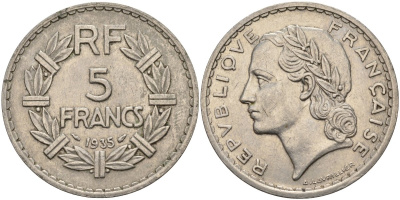 Франция 5 франков 1935 KM 888 никель 4144-422