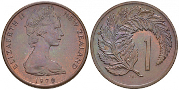 Новая Зеландия 1 цент 1970 Елизавета II (1952-2022), лист папоротника KM 31.1 бронза 4528-848