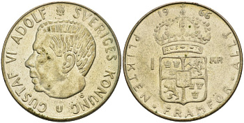 Швеция 1 крона 1966 U, Густав VI Адольф (1950-1973) KM 826 серебро 4542-931
