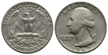 США 25 центов (квотер) 1967 Вашингтон KM 164a медь плакированная медно-никелем 89-635