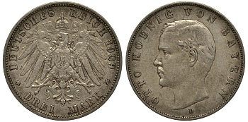 Бавария 3 марки 1909 Отто (1886-1913) Weege 45, J. 47, KM 515 серебро 3711-1921