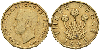 Великобритания 3 пенса 1942 Георг VI (1936-1952) KM 849, Spink 4112 никель латунь 4513-1116