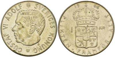 Швеция 1 крона 1966 U, Густав VI Адольф (1950-1973) KM 826 серебро 4542-931