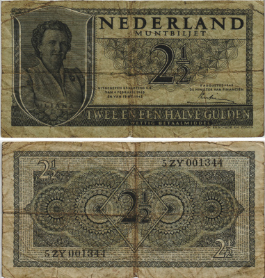 НИДЕРЛАНДЫ 2 1/2 ГУЛЬДЕНА 1949 8 АВГУСТА 1949, КОРОЛЕВА ЮЛИАНА Pick 73 бумага 8604-12-2-1