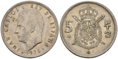 Испания 5 песет 1975 (78) Хуан Карлос I (1975-2014) KM 807 медно-никель 190-1014