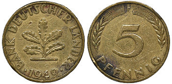ФРГ 5 ПФЕННИГОВ 1949 F KM 102, J.377 сталь плакированная латунью 72-1111