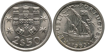 Португалия 2,5 эскудо 1983 парусник KM 590 медно-никель UNC 181-341
