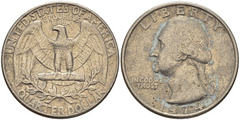 США 25 центов (квотер) 1974 Вашингтон KM 164a медь плакированная медно-никелем 31-726