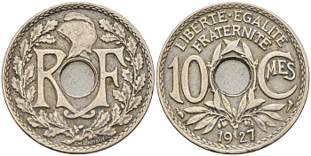 Франция 10 сантимов 1927 тип Линдайе КМ 866а медно-никель    4603-227