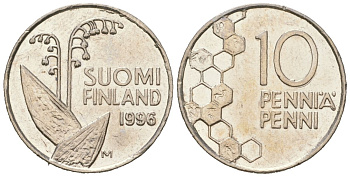 Финляндия 10 пенни 1996 M KM 65 медно-никель aUNC 96-545