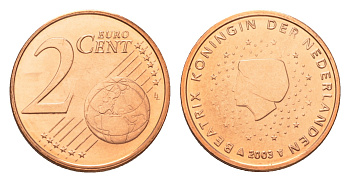 Нидерланды 2 евроцента 2003 Беатрикс (1980-2013), из ролла KM 235 сталь плакированная медью  UNC  M65-05