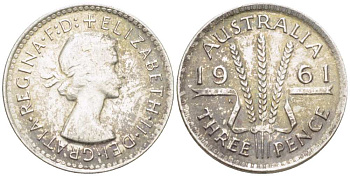 Австралия 3 пенса 1961 m, Елизавета II (1952-2022) KM 57 серебро 4516-155