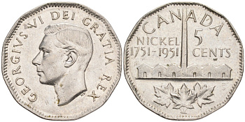 Канада 5 центов 1951 200 ЛЕТ ПРОИЗВОДСТВА НИКЕЛЯ KM 48 никель 4556-1034