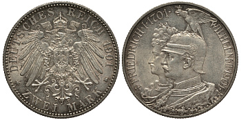 Пруссия 2 марки 1901 A, 200 лет Прусской королевской династии (Фридрих I - Вильгельм II) J.105, Weege 105, KM 525 серебро 3711-1025