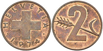 Швейцария 2 раппена 1974 KM 47 бронза UNC 4592-741