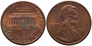 США 1 ЦЕНТ 1996 ЛИНКОЛЬН KM 201b цинк плакированный медью 66-1111