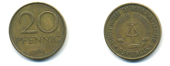 ГДР 20 пфеннигов 1969 А, первый год KM 11 латунь 80-215