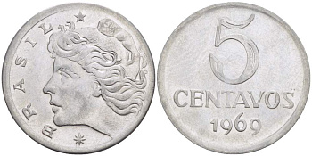 Бразилия 5 сентаво 1969  голова свободы влево KM 577.2, Schon 82a нержавеющая сталь 4529-354