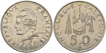Французская Новая Каледония 50 франков 2008 хижина среди сосен и пальм, (IEOM) KM 13a, Schoen 15a, Lec 128i медно-никель 114-341