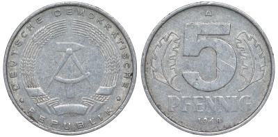 ГДР 5 ПФЕННИГОВ 1968 A KM 9.1 алюминий 62-122