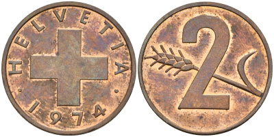 Швейцария 2 раппена 1974 KM 47 бронза UNC 4592-741